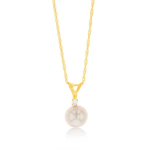 10ct Yellow Gold 7-8MM Fresh Water Pearl with Diamond Pendant Shiels