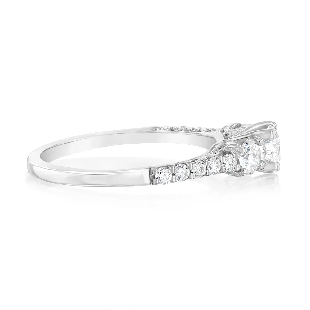 14ct White Gold 1 Carat Brilliant Cut Diamond Trilogy Ring with Diamond on Shank Shiels