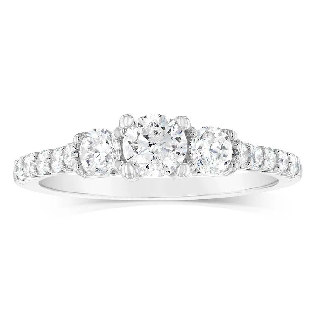 14ct White Gold 1 Carat Brilliant Cut Diamond Trilogy Ring with Diamond on Shank Shiels