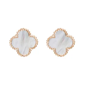 18ct Rose Gold White Mother of Pearl Bloom Four Leaf Clover Ball Edge Stud Earrings