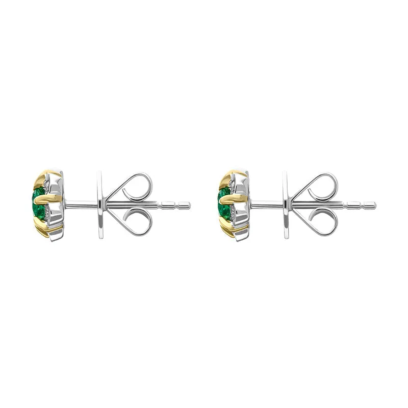 18ct White and Yellow Gold Emerald Diamond Flower Cluster Stud Earrings