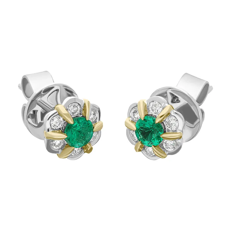 18ct White and Yellow Gold Emerald Diamond Flower Cluster Stud Earrings