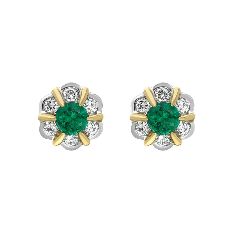 18ct White and Yellow Gold Emerald Diamond Flower Cluster Stud Earrings