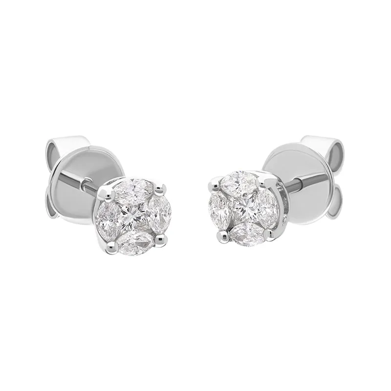 18ct White Gold 0.39ct Diamond Princess and Marquise Cut Cluster Stud Earrings
