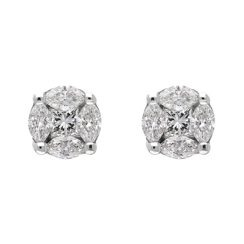 18ct White Gold 0.39ct Diamond Princess and Marquise Cut Cluster Stud Earrings