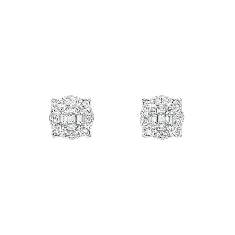 18ct White Gold 0.58ct Diamond Baguette Cut Cluster Stud Earrings