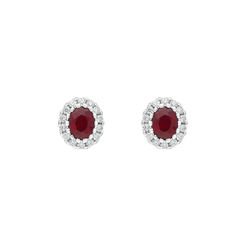 18ct White Gold Ruby Diamond Oval Cluster Earrings