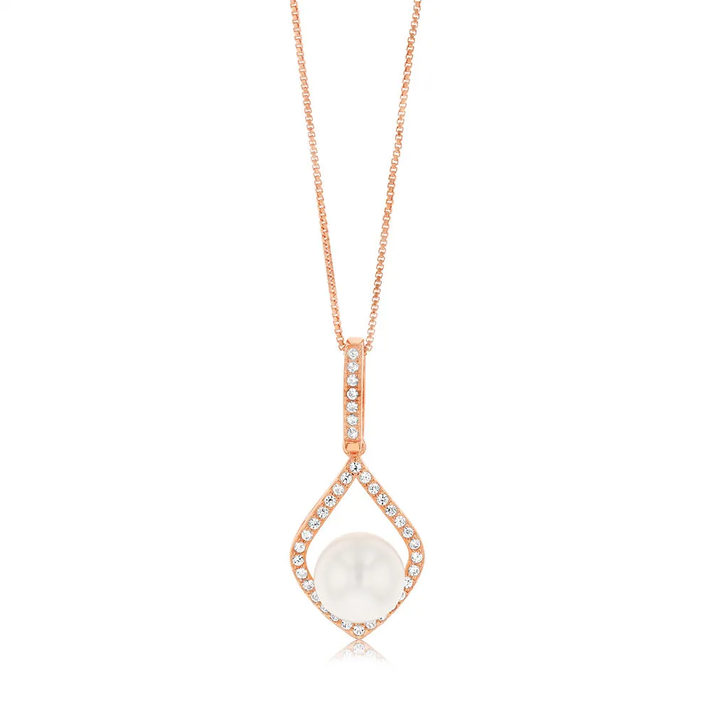 8-9mm Fresh Water Pearl   Created Sapphire Pendant on 45cm chain Silver Rose Gold Shiels