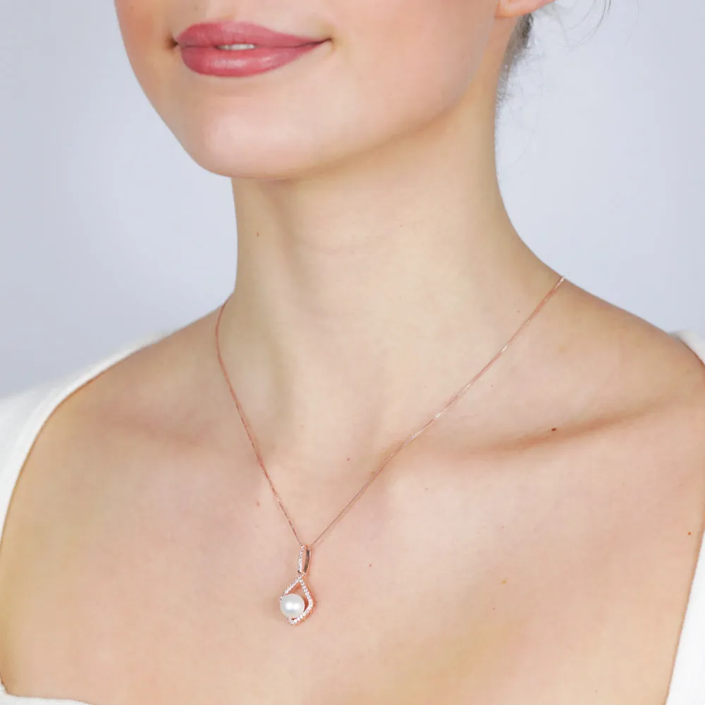 8-9mm Fresh Water Pearl   Created Sapphire Pendant on 45cm chain Silver Rose Gold Shiels