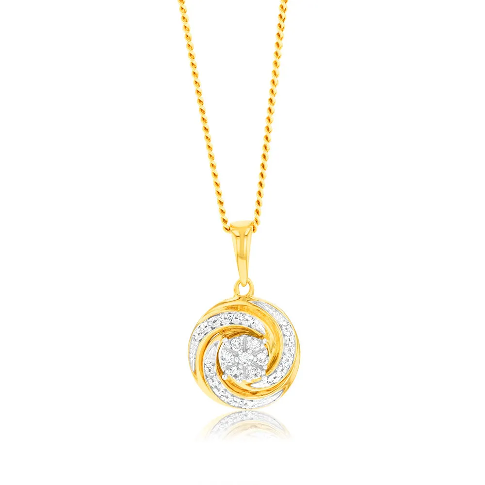 9ct 3-Tone 1/10 Carat Diamond Swirl Pendant with 28 Round Brilliant Diamonds in White, Rose and Yellow Gold Shiels