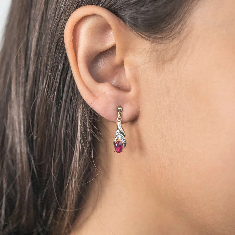 9ct Alluring Yellow Gold Created Ruby   Diamond Drop Earrings Shiels
