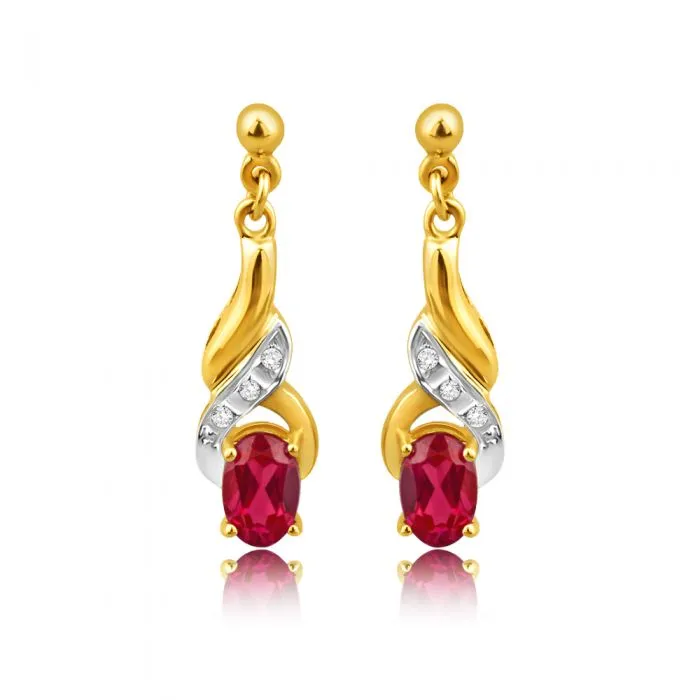 9ct Alluring Yellow Gold Created Ruby   Diamond Drop Earrings Shiels