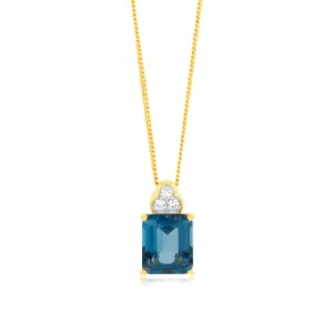 9ct Gold 5.6ct London Blue Topaz in Emerald Cut and 1/10 Carat Diamond Pendant Shiels