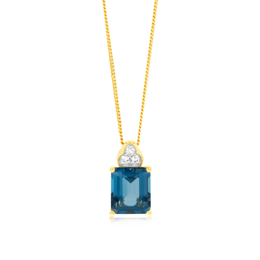 9ct Gold 5.6ct London Blue Topaz in Emerald Cut and 1/10 Carat Diamond Pendant Shiels