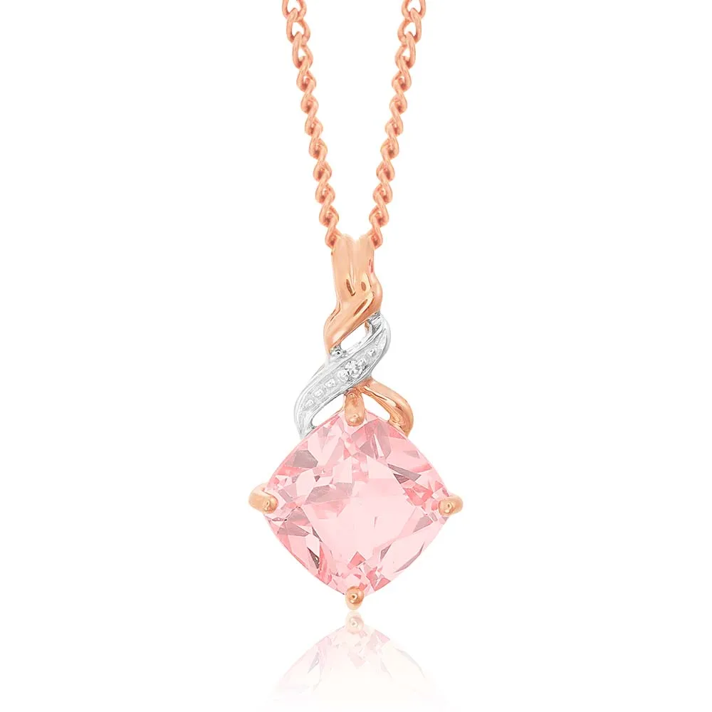 9ct Rose Gold Created Peach Sapphire and Diamond Cushion Cut Pendant Shiels