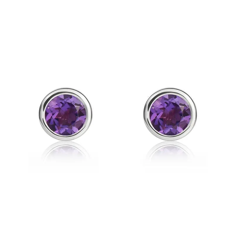 9ct White Gold Amethyst 4mm Round Rub Over Set Stud Earrings