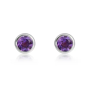 9ct White Gold Amethyst 4mm Round Rub Over Set Stud Earrings