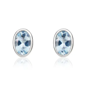9ct White Gold Aquamarine 6x4mm Oval Rub Over Set Stud Earrings