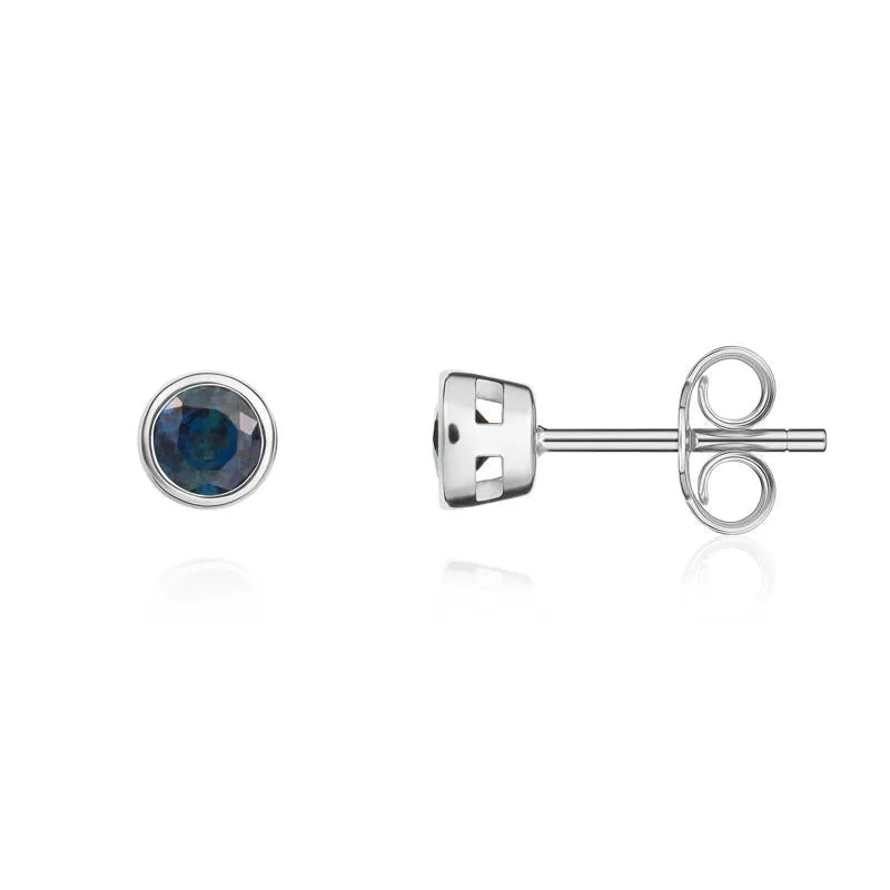 9ct White Gold Sapphire 3mm Round Rub Over Set Stud Earrings