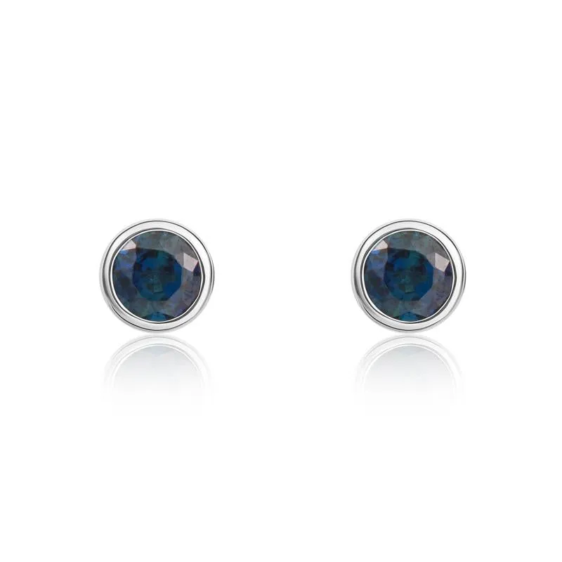 9ct White Gold Sapphire 3mm Round Rub Over Set Stud Earrings