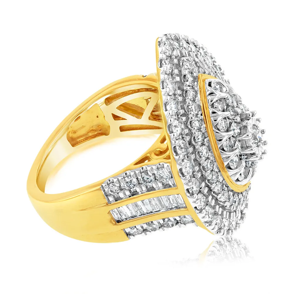 9ct Yellow Gold 2 Carat Diamond Ring with Brilliant and Tapered Baguette Diamonds Shiels