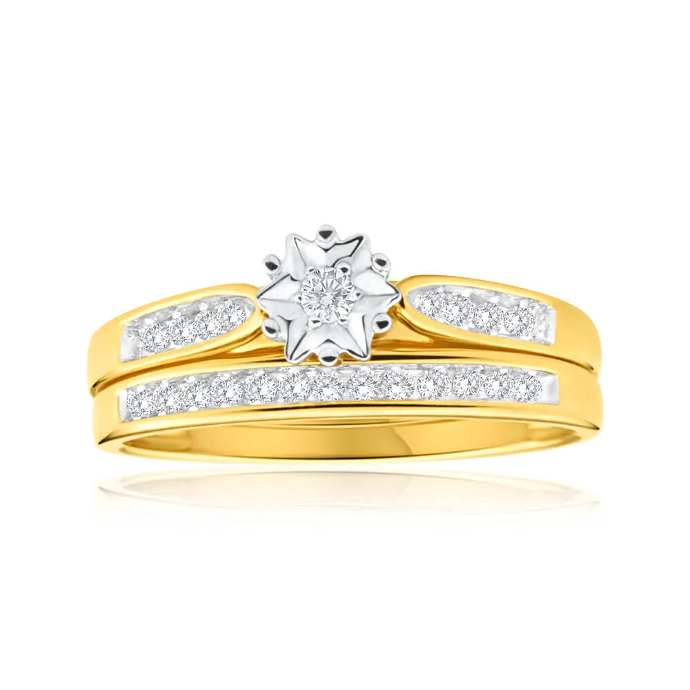 9ct Yellow Gold 2 Ring Bridal Set With 1/4 Carats Of Channel Set Diamonds Shiels