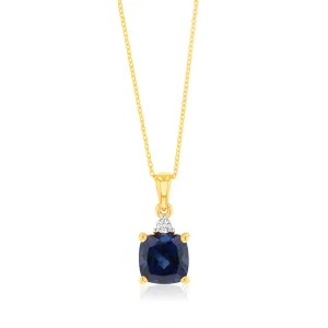 9ct Yellow Gold 2ct Created Blue Sapphire and Diamond Pendant On 45cm Chain Shiels
