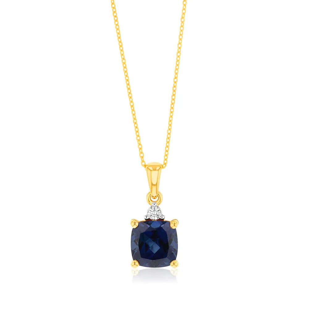 9ct Yellow Gold 2ct Created Blue Sapphire and Diamond Pendant On 45cm Chain Shiels