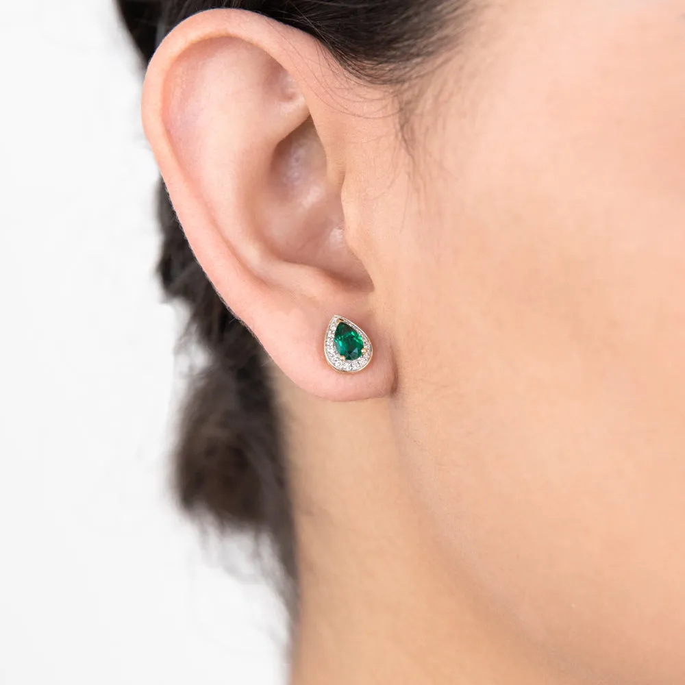 9ct Yellow Gold 6x4mm Created Emerald and Diamond Pear Halo Stud Earrings Shiels