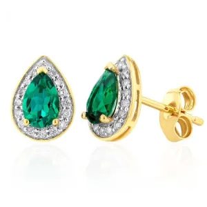 9ct Yellow Gold 6x4mm Created Emerald and Diamond Pear Halo Stud Earrings Shiels
