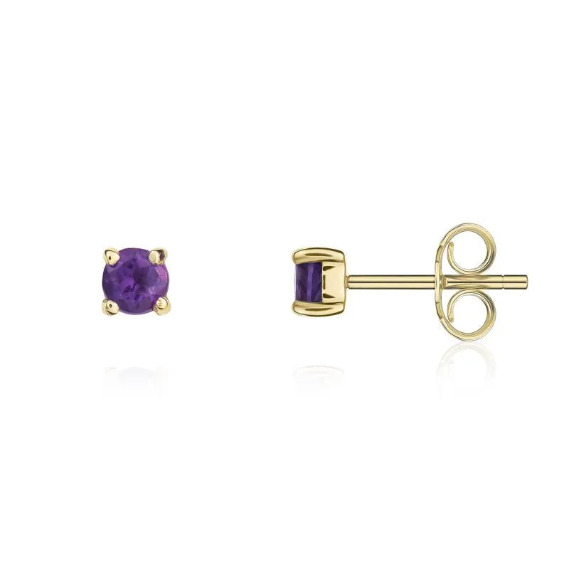 9ct Yellow Gold Amethyst 3mm Round Claw Set Stud Earrings