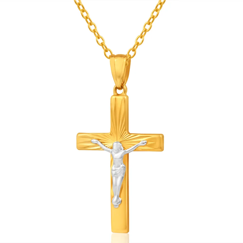 9ct Yellow Gold & White Gold Crucifix Pendant with Diamond cutting Shiels