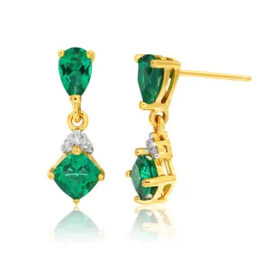 9ct Yellow Gold Created Emerald and Diamond Drop Earrings Shiels