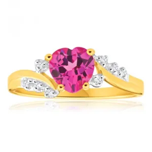 9ct Yellow Gold Created Pink Sapphire Heart and  Diamond Ring Shiels