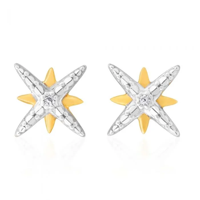 9ct Yellow Gold Diamond Starburst Stud Earrings with 2 Brilliant Diamonds Shiels