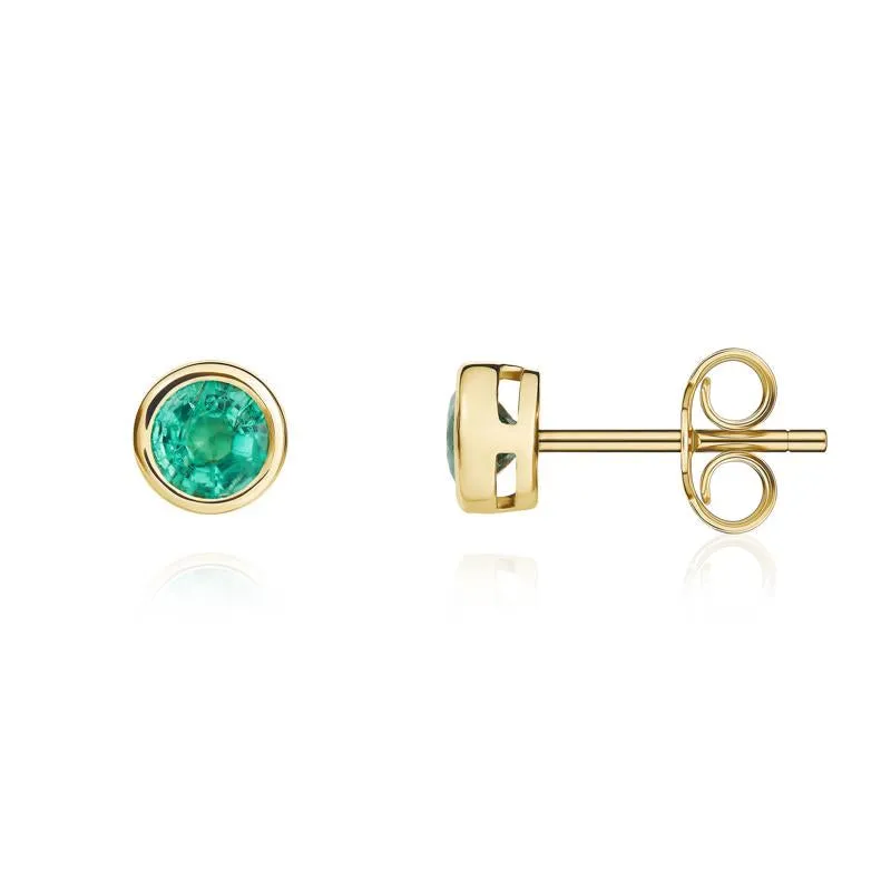 9ct Yellow Gold Emerald 4mm Round Rub Over Set Stud Earrings