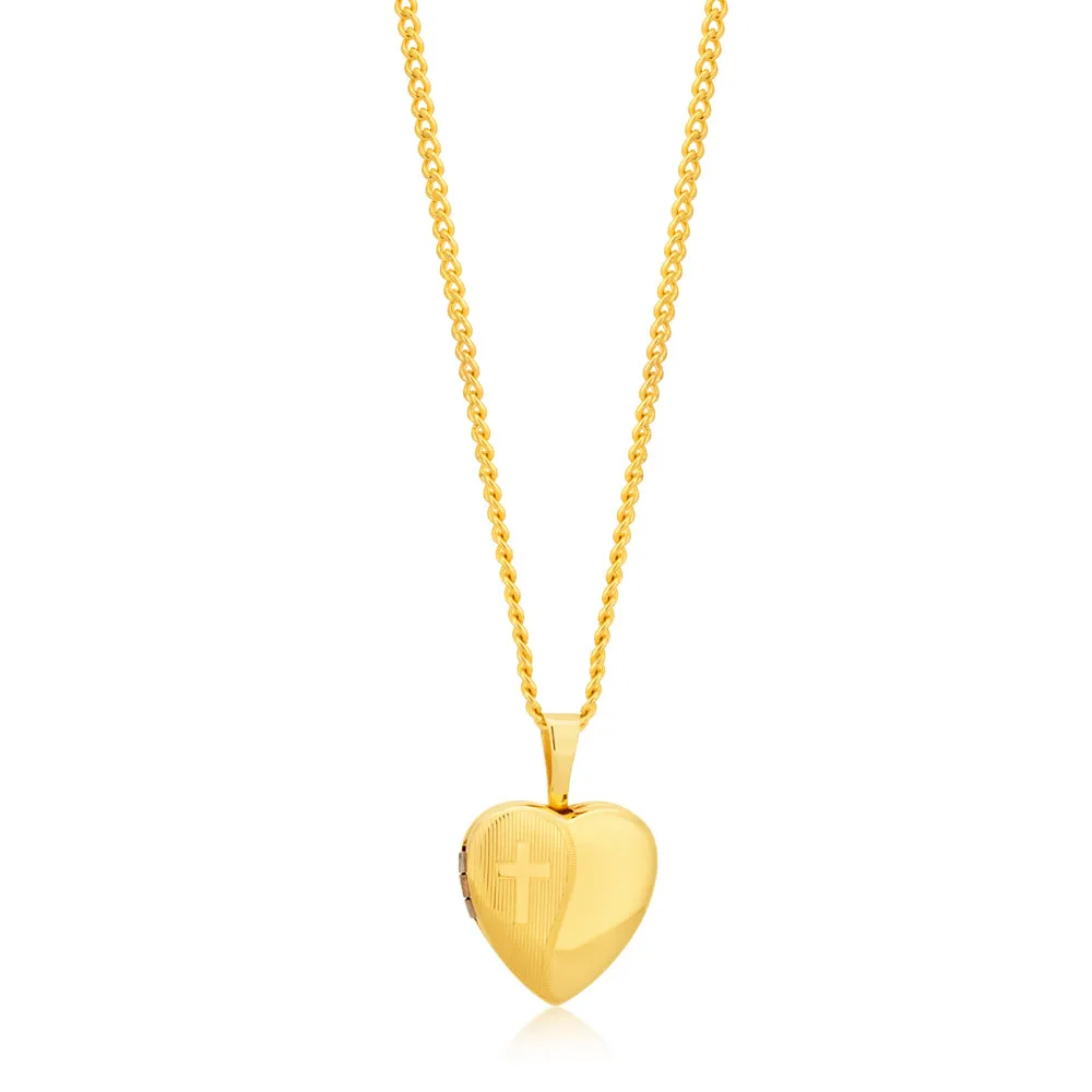 9ct Yellow Gold Etched Cross Heart Locket Shiels