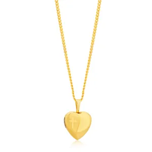 9ct Yellow Gold Etched Cross Heart Locket Shiels