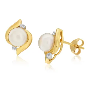 9ct Yellow Gold Freshwater Pearl and Diamond Stud Earrings Shiels
