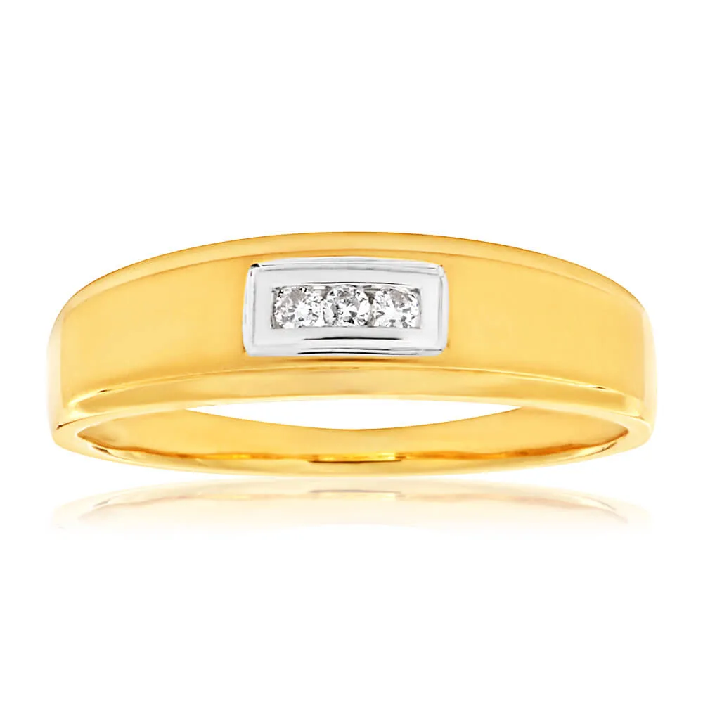 9ct Yellow Gold Matt Polished Gents Ring with 3 Diamonds Shiels