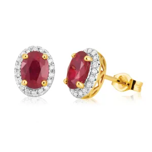 9ct Yellow Gold Natural Enhanced/Treated Ruby and 0.15 Carat Diamond Stud Earrings Shiels