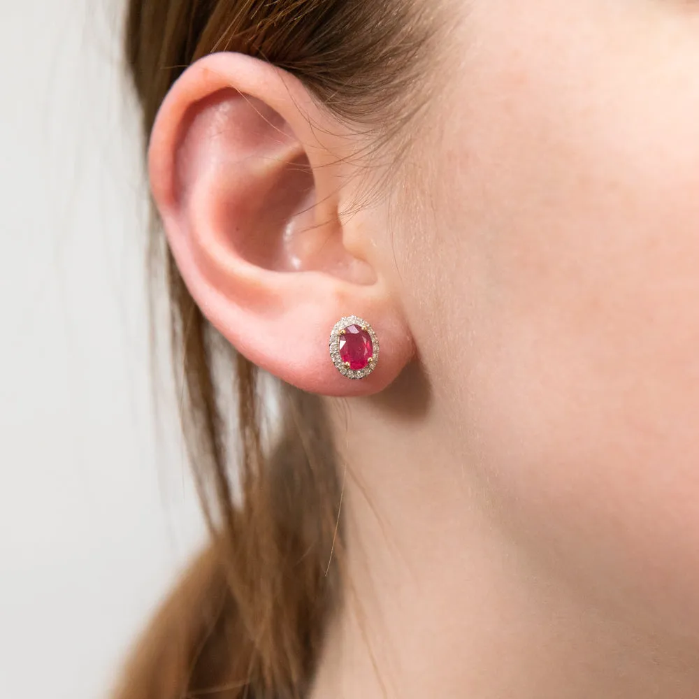 9ct Yellow Gold Natural Enhanced/Treated Ruby and 0.15 Carat Diamond Stud Earrings Shiels
