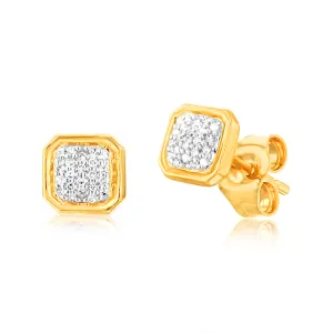 9ct Yellow Gold Square Shaped Cluster Stud Diamond Earrings Shiels