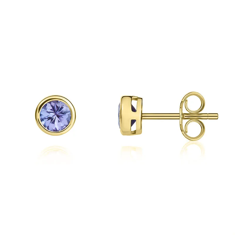 9ct Yellow Gold Tanzanite 4mm Round Rub Over Set Stud Earrings