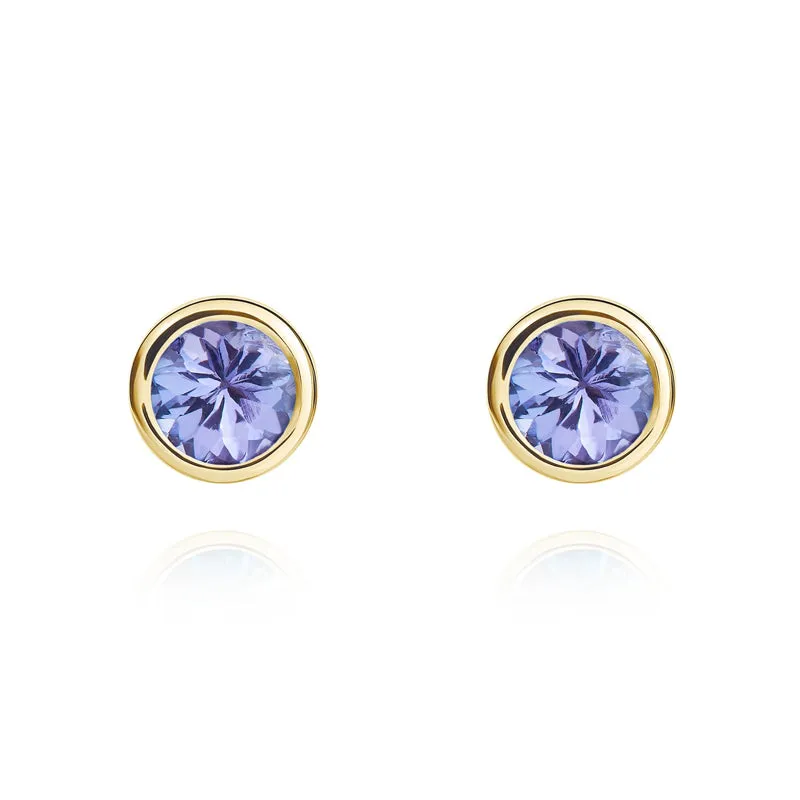9ct Yellow Gold Tanzanite 4mm Round Rub Over Set Stud Earrings