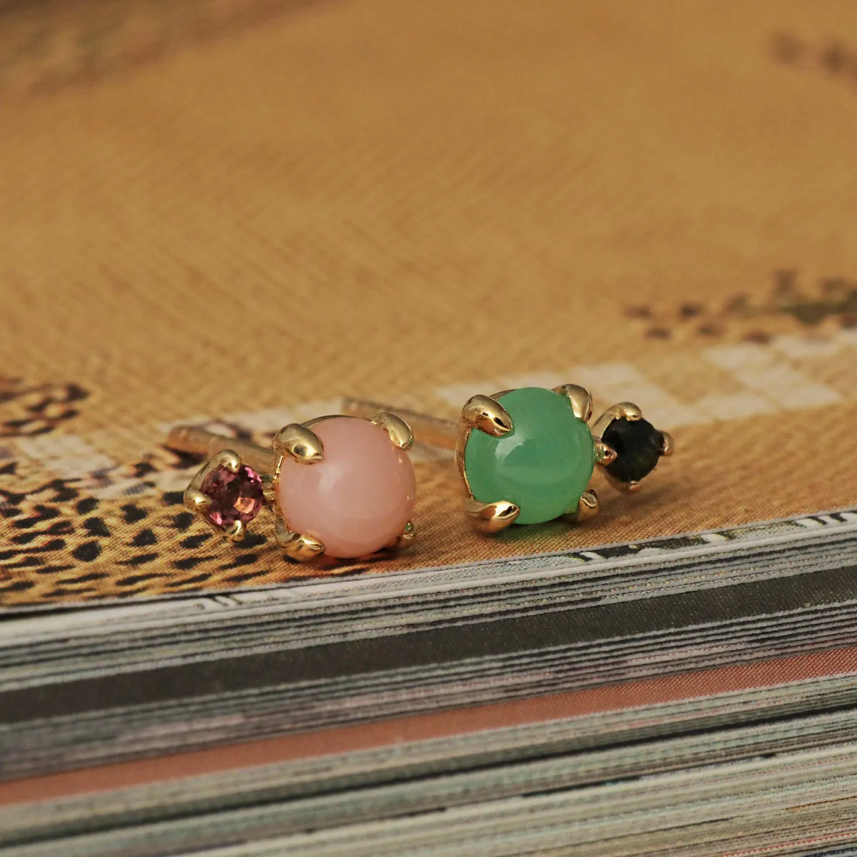 Bon Bon 10K Gold Stud w. Pink Opal & Tourmaline