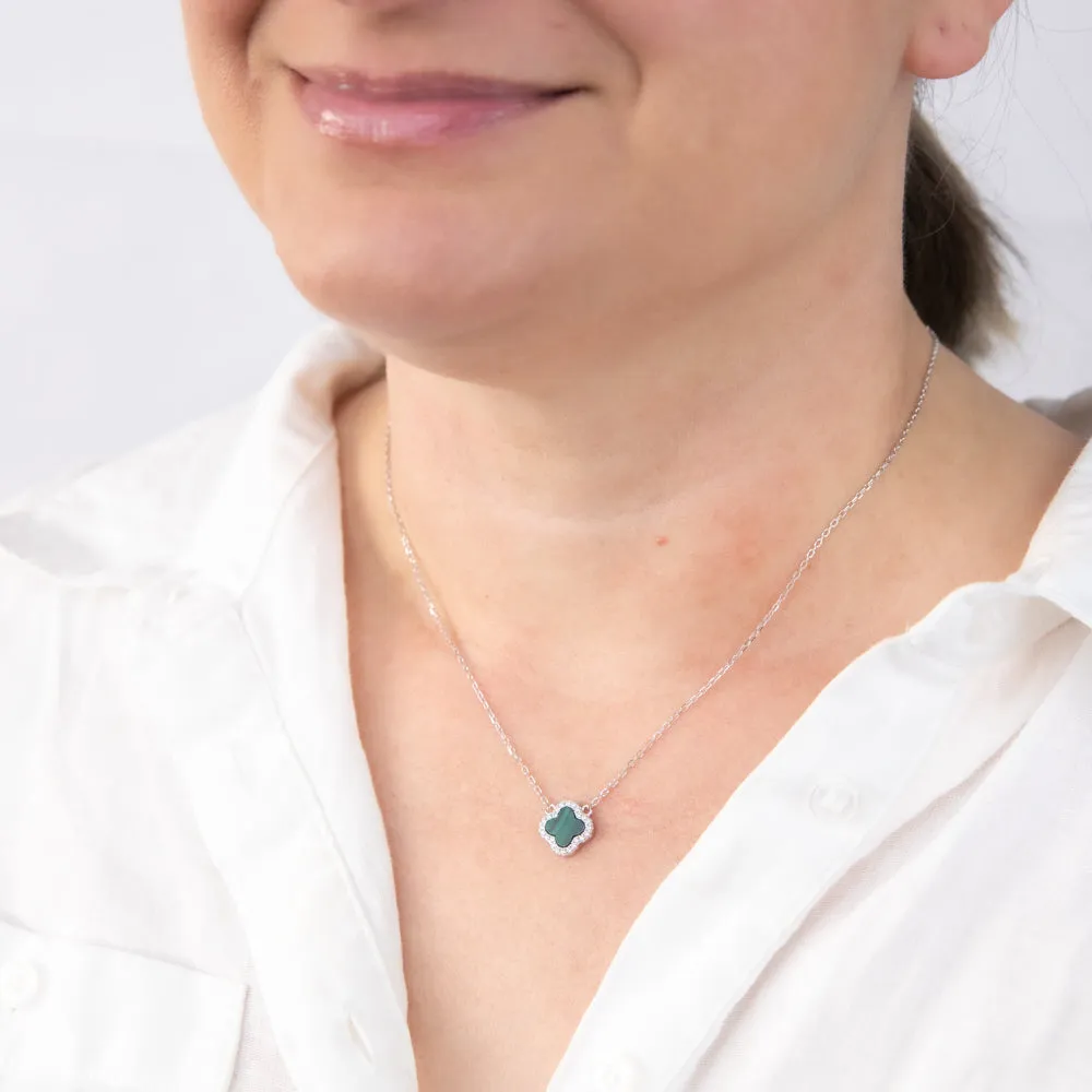 Clover Malachite And White Cubic Zirconia Pendant on 45cm Chain in Sterling Silver Rhodium Plated Shiels