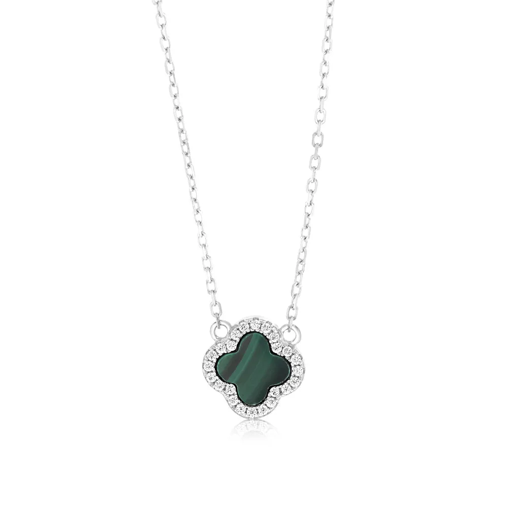 Clover Malachite And White Cubic Zirconia Pendant on 45cm Chain in Sterling Silver Rhodium Plated Shiels