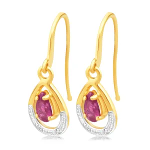 Created Pear Cut Ruby & Small Diamond Drop Earrings in 9ct Yellow gold Shiels