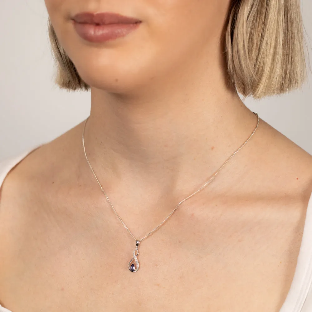 Created Pear Cut Tanzanite & Diamond Infinity Pendant in 9ct White Gold Shiels